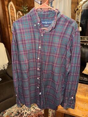 Ralph Lauren Green and Red Plaid Long-Sleeve Button-Down Shirt